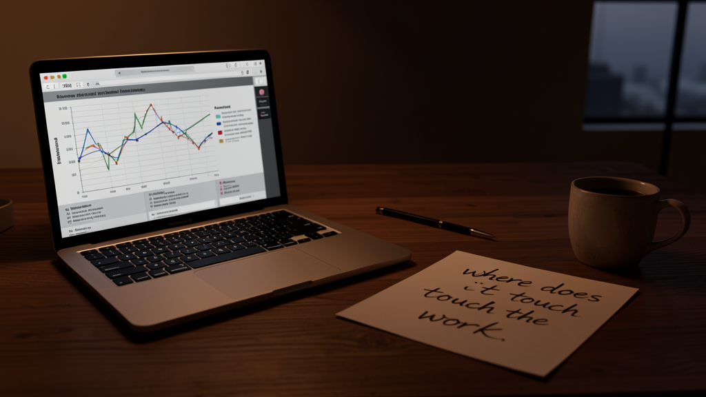 A calm desk at dusk with an open laptop beside a printed benchmark chart, a coffee cup, and a handwritten note that reads "where does it touch the work," minimal editorial lighting.