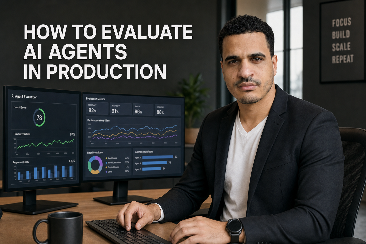 Josh Bocanegra reviewing an agent evaluation dashboard showing failure patterns and fix cycles.