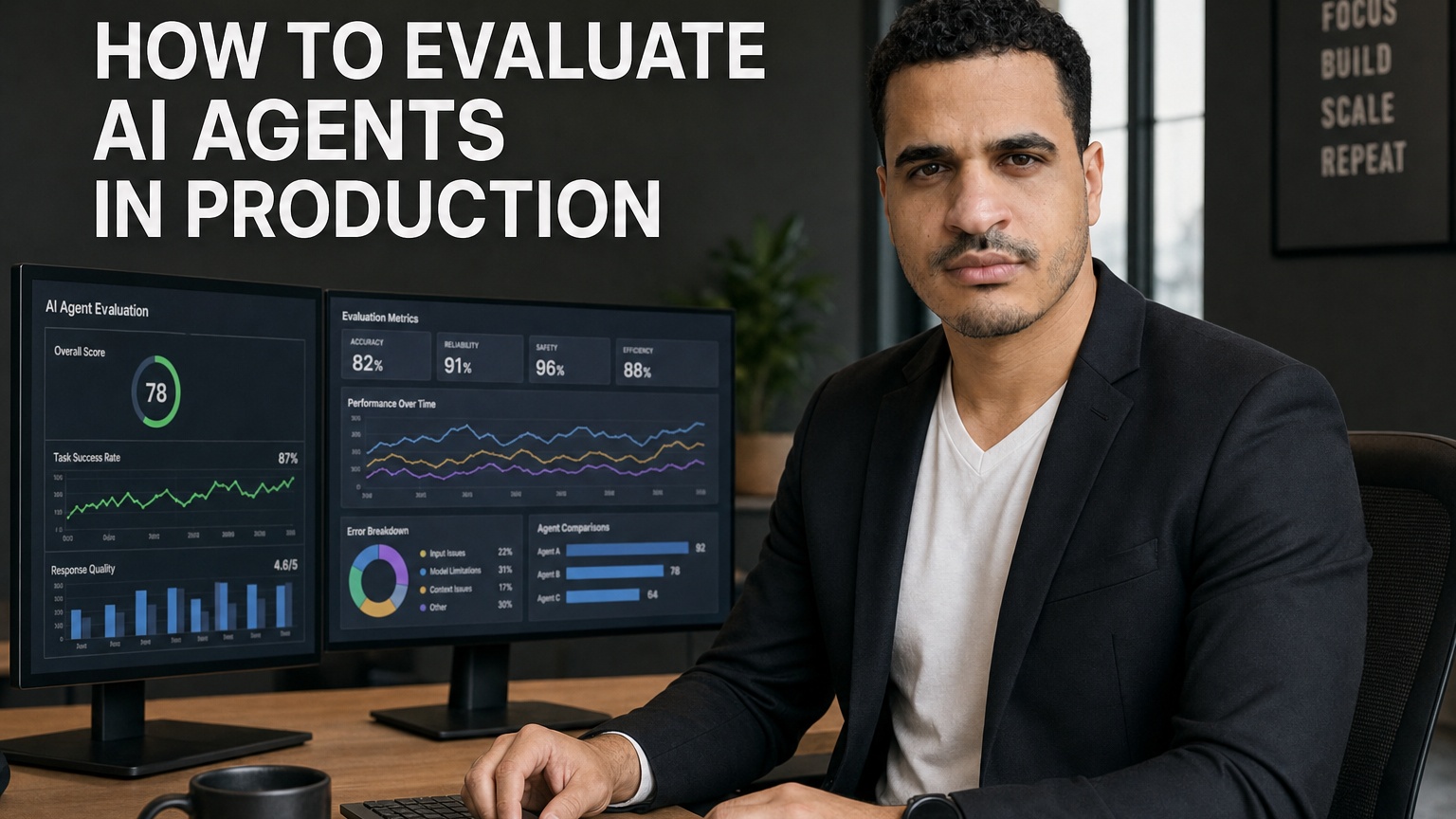 Josh Bocanegra reviewing an agent evaluation dashboard showing failure patterns and fix cycles.