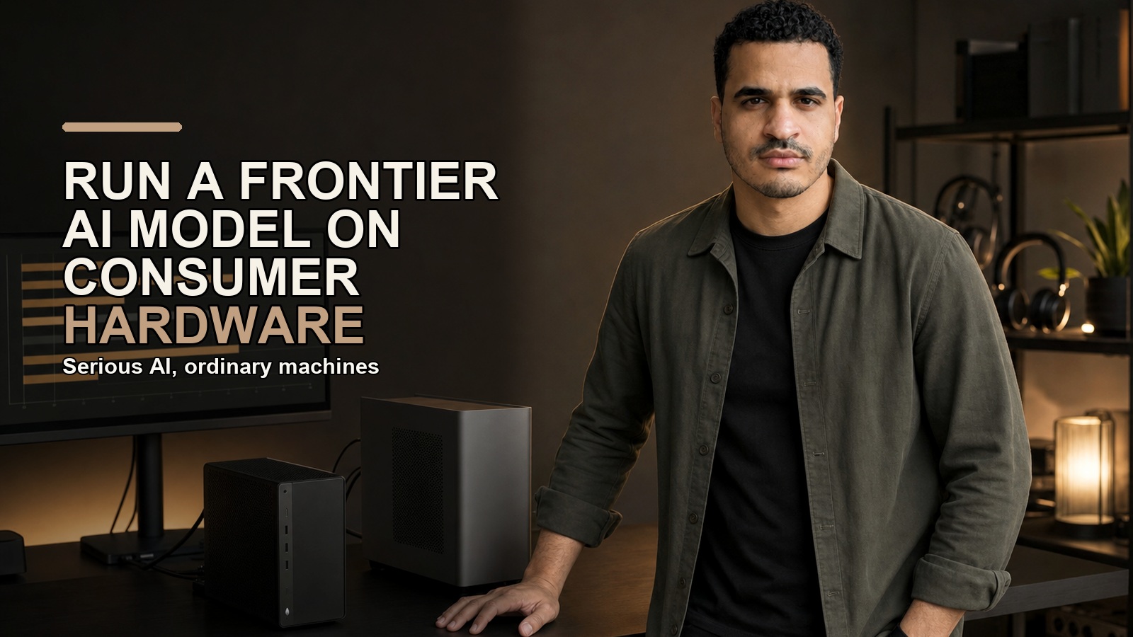 Josh Bocanegra standing in a warm hardware lab beside consumer computers with the title Run a Frontier AI Model on Consumer Hardware.