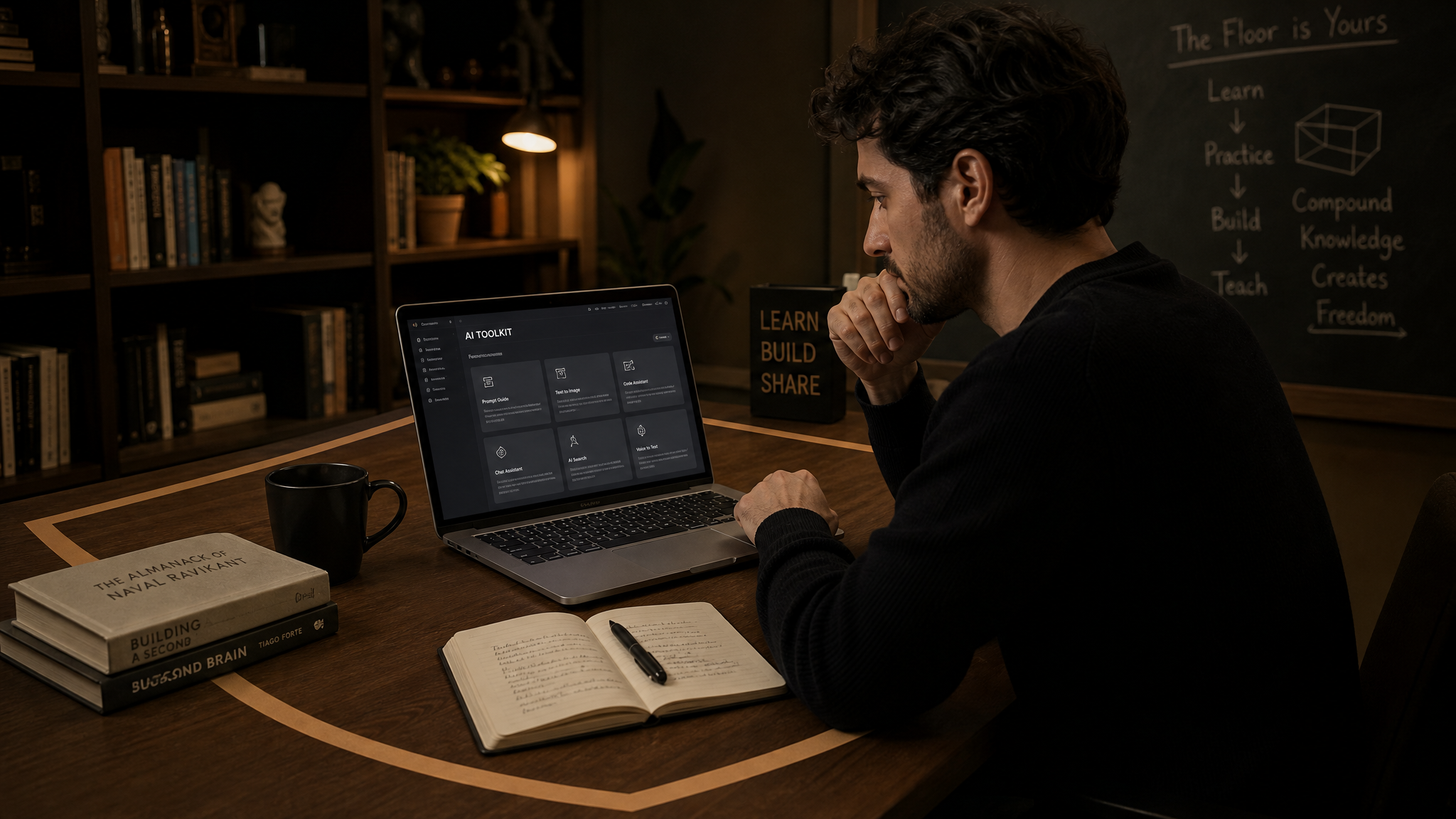 A person learning AI tools at a laptop with a subtle shield or floor metaphor beneath them, warm editorial lighting, clay accent color.