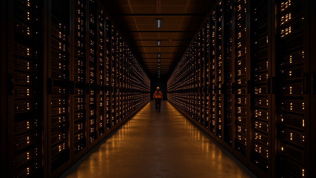 A massive data center corridor stretching into darkness, rows of server racks glowing with warm amber status lights, a single maintenance technician walking the aisle, calm editorial photography