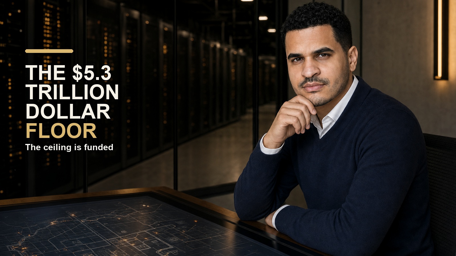 Josh Bocanegra seated in a data center observation room with the title The $5.3 Trillion Dollar Floor.