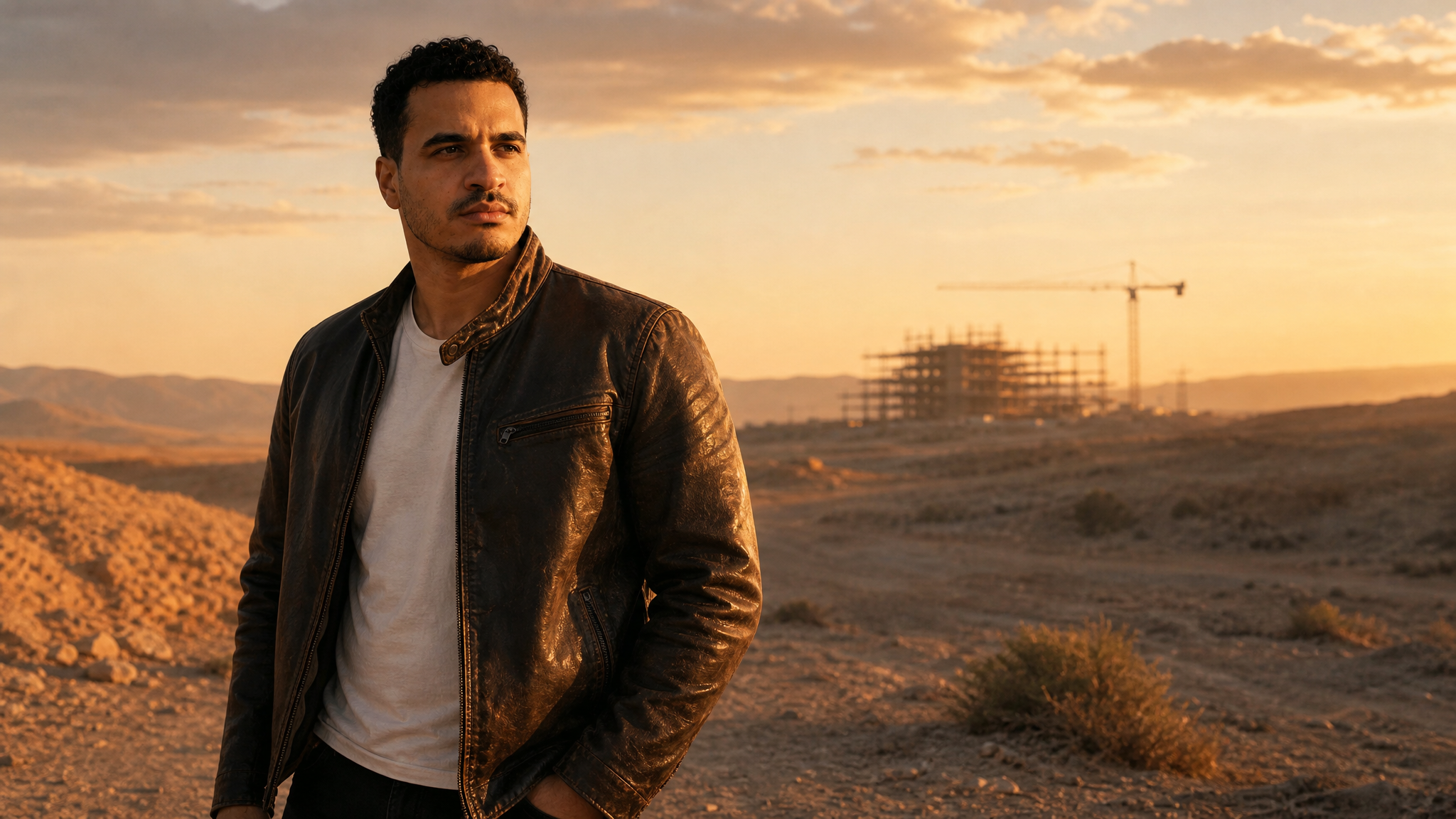 Josh Bocanegra standing in a desert landscape at golden hour, looking at a distant horizon where a structure is being built, wearing a worn leather jacket.