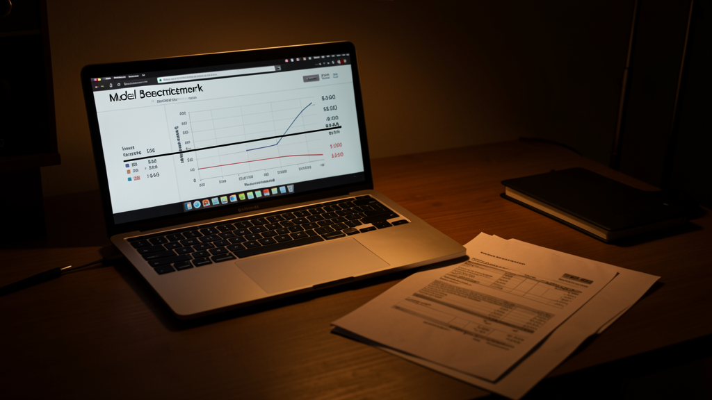 A late-night desk with a laptop open to a model benchmark chart, a printed invoice, and a single line underlined where the price column diverges from the score column, warm low light, editorial photo style.