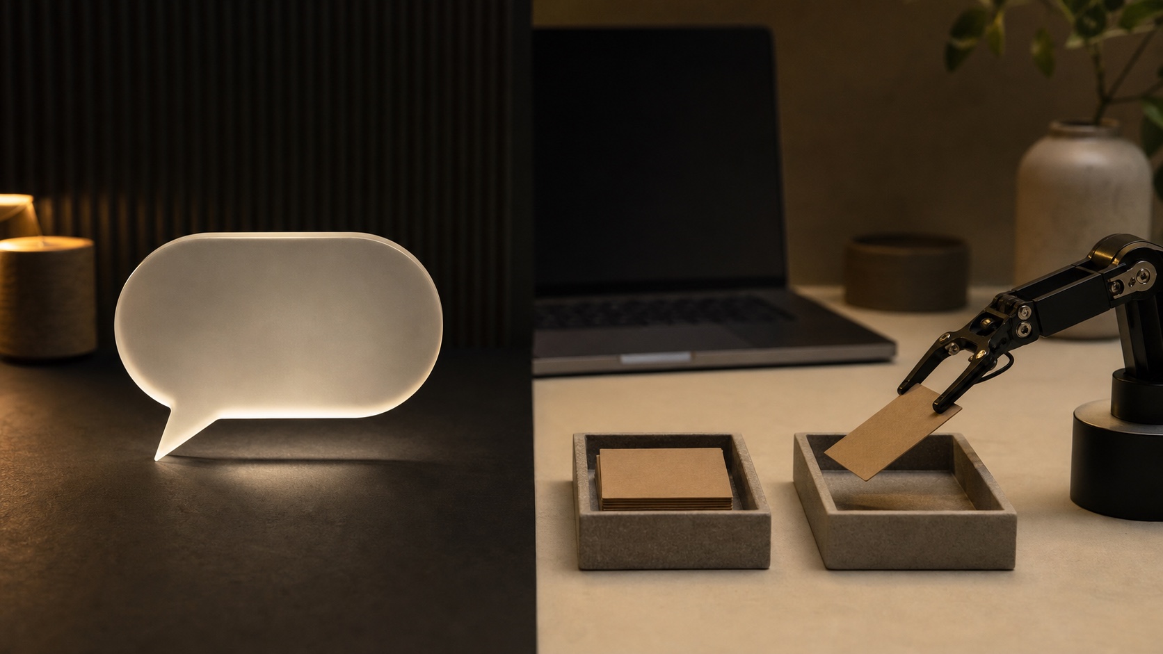 A clean desk with a laptop showing a workflow loop diagram, warm office light, clay accent color, editorial photograph, no glow or gradients.