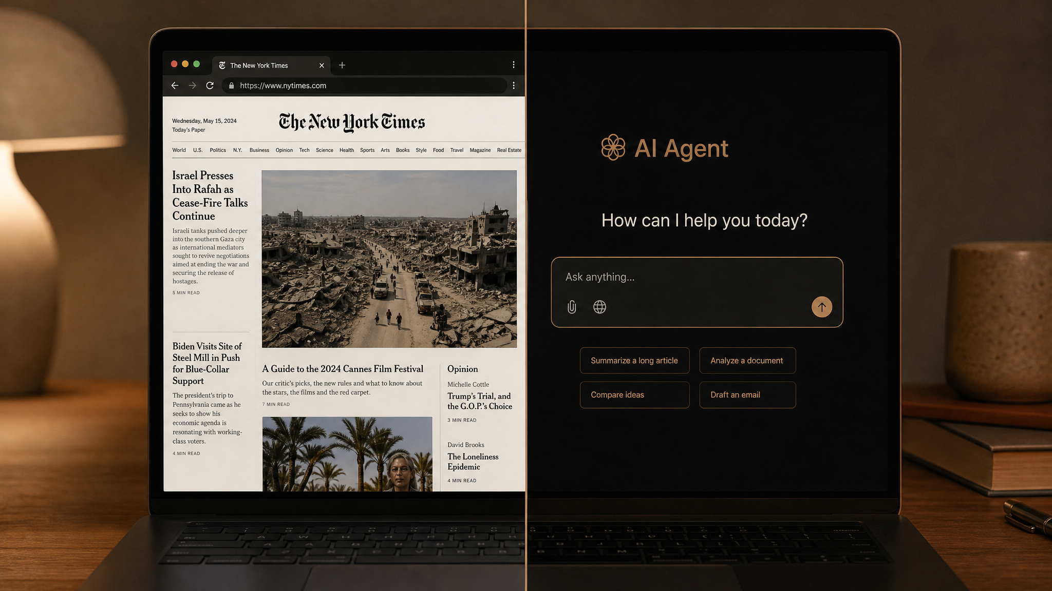 A split screen showing a traditional browser on one side and an AI agent on the other, with a clear line between them, warm editorial lighting.